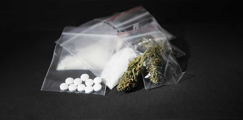 Different types of drugs in plastic bags